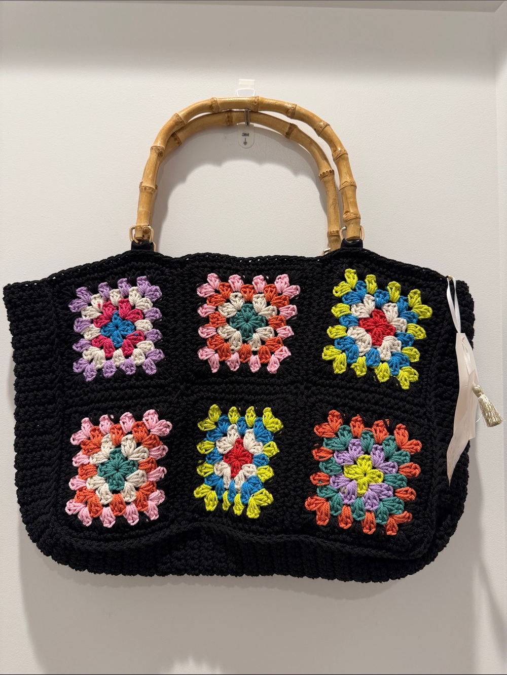 NWT Black Crochet Tote with Colorful Granny Squares and Bamboo Handles